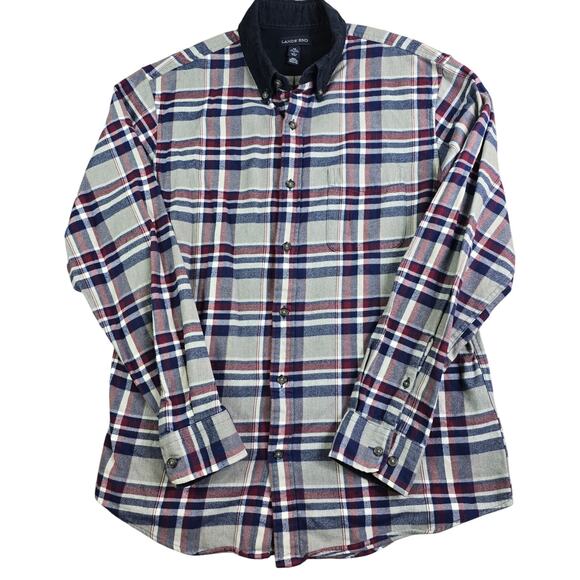 Lands' End Flannel Button Shirt Men's Medium Gray Plaid Corduroy Collar Workwear - Picture 1 of 10